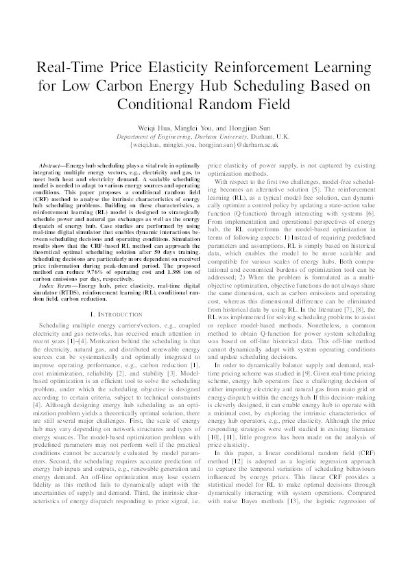 Real-Time Price Elasticity Reinforcement Learning for Low Carbon Energy Hub Scheduling Based on Conditional Random Field Thumbnail