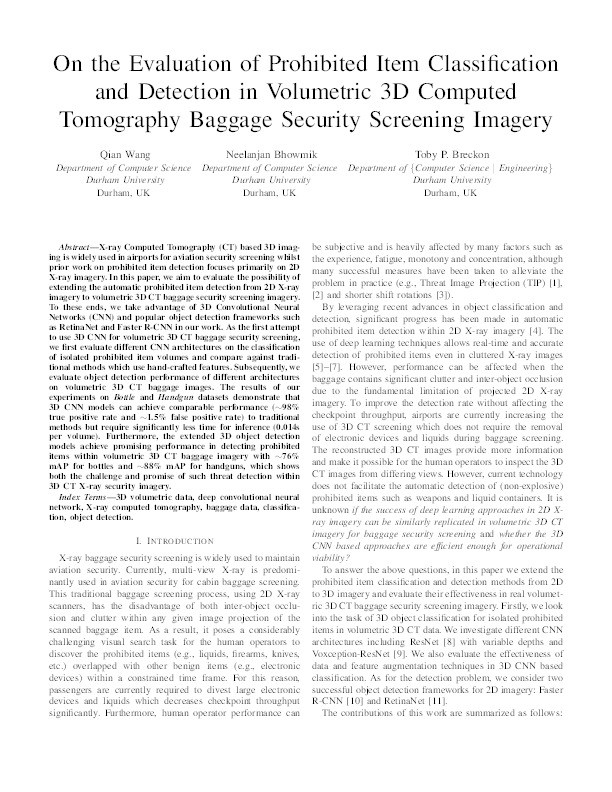 On the Evaluation of Prohibited Item Classification and Detection in Volumetric 3D Computed Tomography Baggage Security Screening Imagery Thumbnail