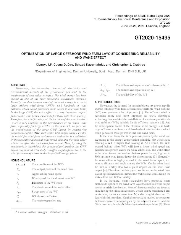 Optimisation of Large Offshore Wind Farm Layout Considering Reliability and Wake Effect Thumbnail