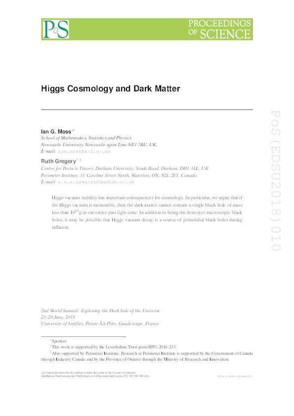 Higgs Cosmology and Dark Matter Thumbnail