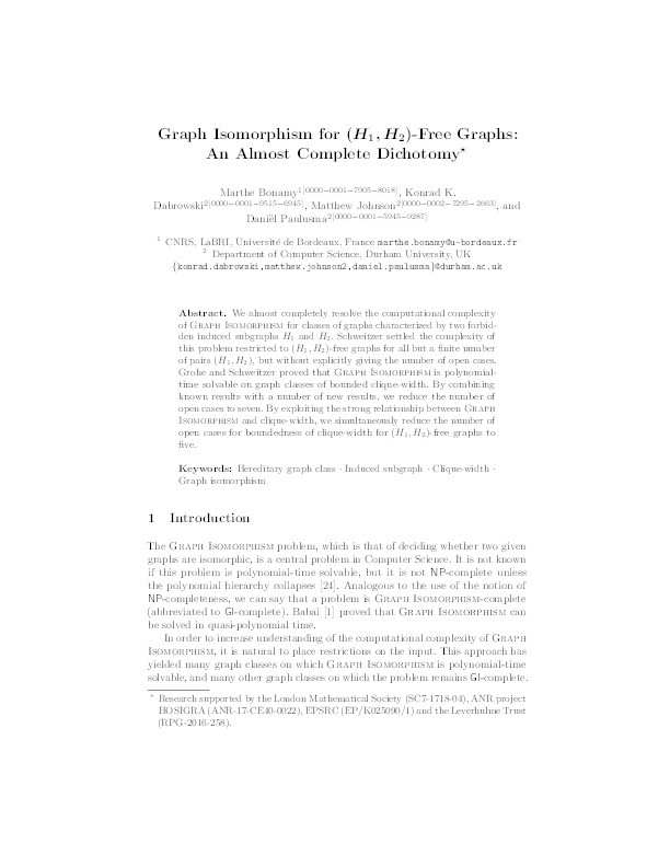 Graph isomorphism for (H1,H2)-free graphs: an almost complete dichotomy Thumbnail