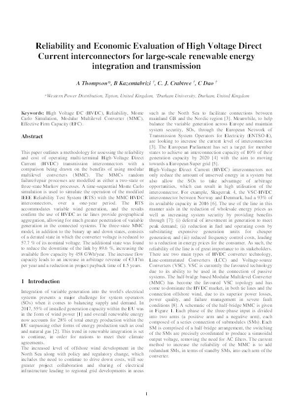 Reliability and Economic Evaluation of High Voltage Direct Current interconnectors for large-scale renewable energy integration and transmission Thumbnail
