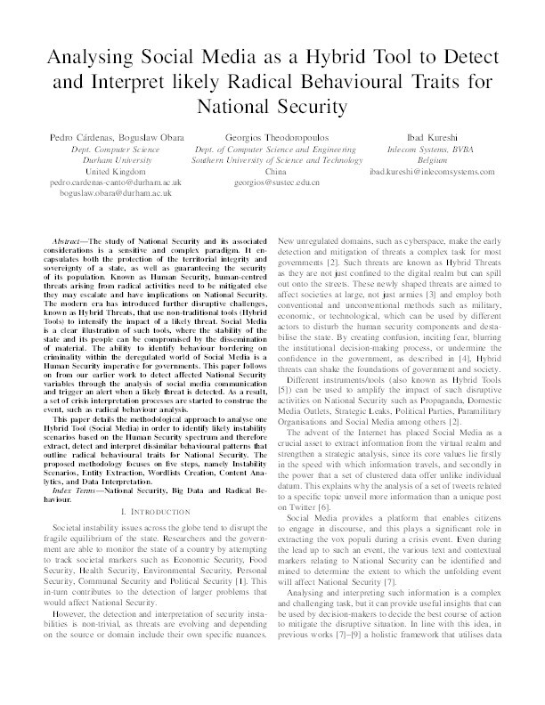 Analysing social media as a hybrid tool to detect and interpret likely radical behavioural traits for national security Thumbnail