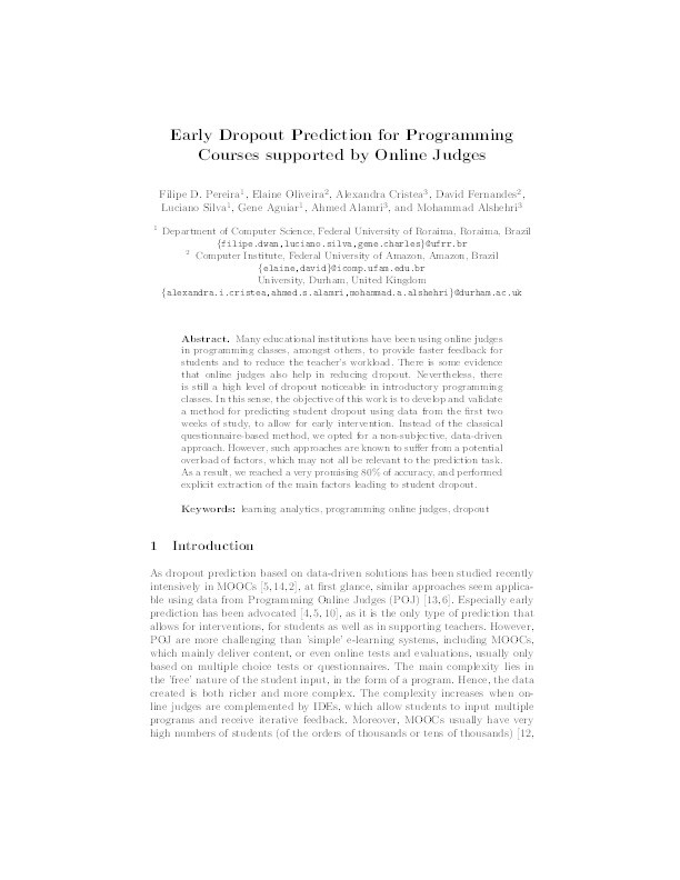 Early Dropout Prediction for Programming Courses Supported by Online Judges Thumbnail