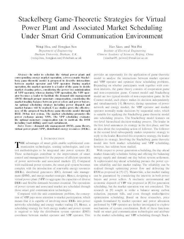 Stackelberg Game-Theoretic Strategies for Virtual Power Plant and Associated Market Scheduling Under Smart Grid Communication Environment Thumbnail
