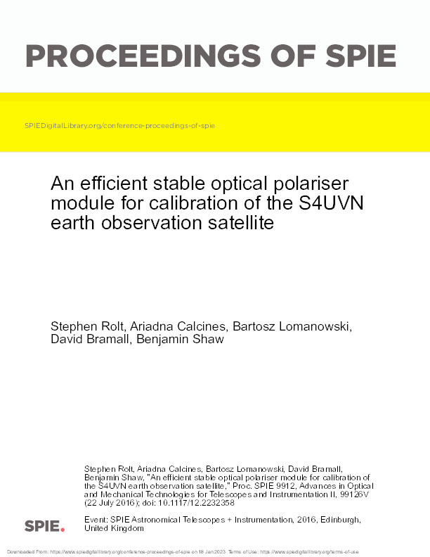 An efficient stable optical polariser module for calibration of the S4UVN earth observation satellite Thumbnail
