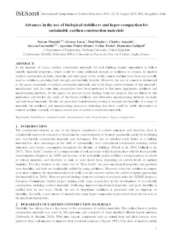 Advances in the Use of Biological Stabilisers and Hyper-compaction for Sustainable Earthen Construction Materials Thumbnail