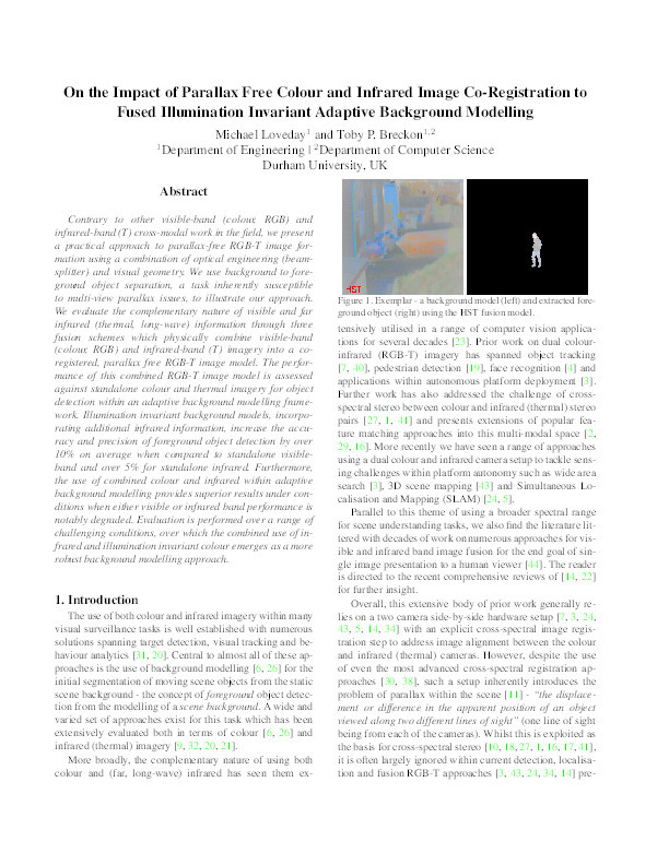 On the Impact of Parallax Free Colour and Infrared Image Co-Registration to Fused Illumination Invariant Adaptive Background Modelling Thumbnail