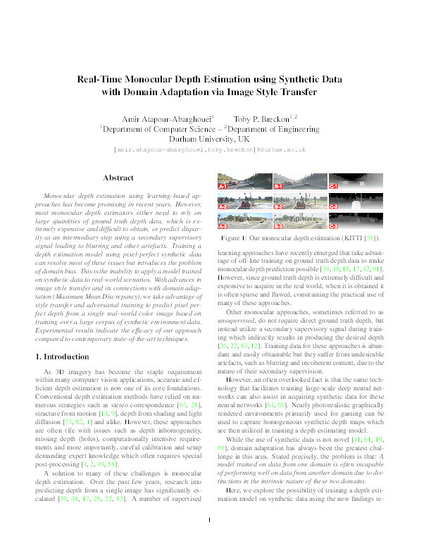 Real-Time Monocular Depth Estimation using Synthetic Data with Domain Adaptation via Image Style Transfer Thumbnail