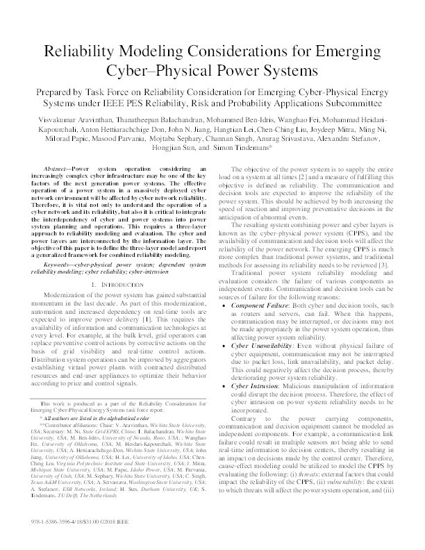 Reliability Modeling Considerations for Emerging Cyber–Physical Power Systems Thumbnail