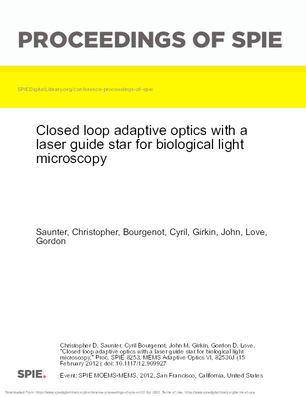 Closed loop adaptive optics with a laser guide star for biological light microscopy Thumbnail