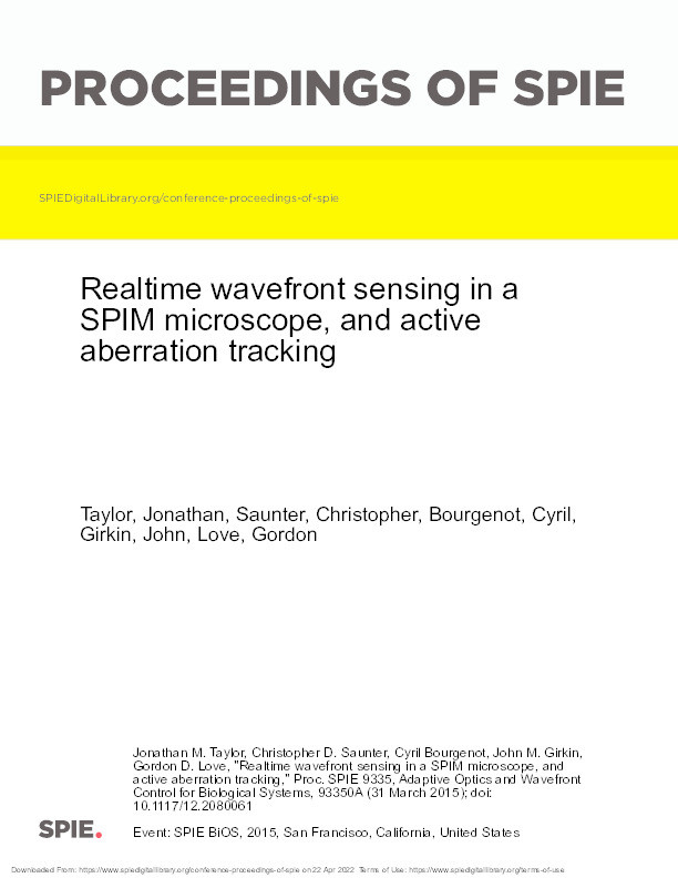 Realtime wavefront sensing in a SPIM microscope, and active aberration tracking Thumbnail