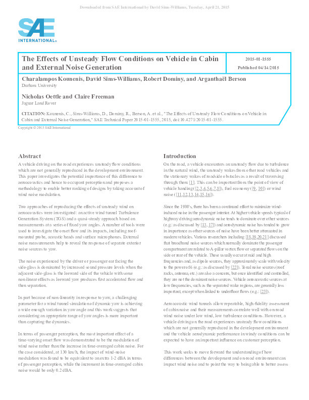 The Effects of Unsteady Flow Conditions on Vehicle in Cabin and External Noise Generation Thumbnail