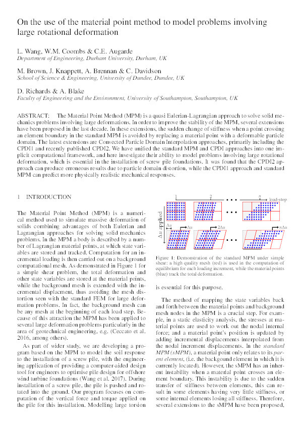 On the use of the material point method to model problems involving large rotational deformation Thumbnail