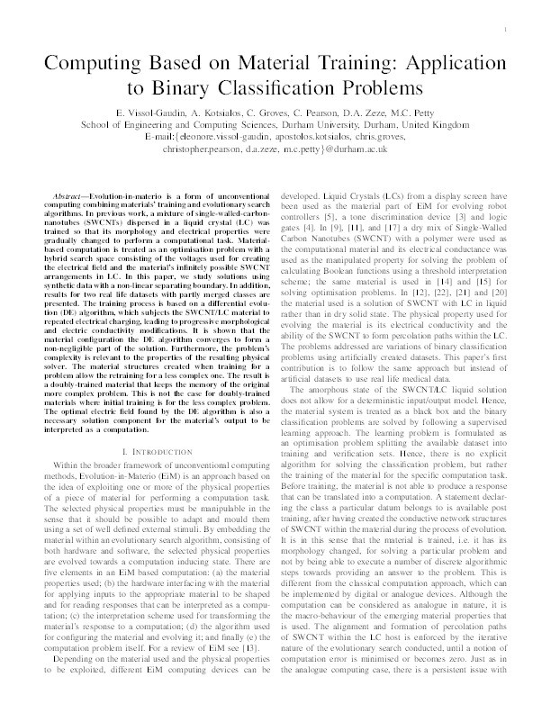 Computing Based on Material Training: Application to Binary Classification Problems Thumbnail