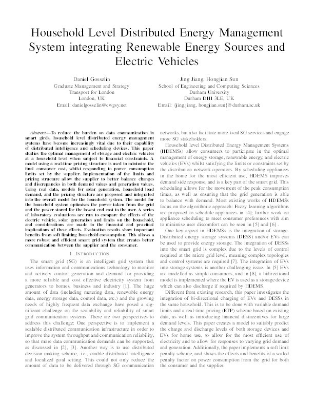 Household Level Distributed Energy Management System integrating Renewable Energy Sources and Electric Vehicles Thumbnail