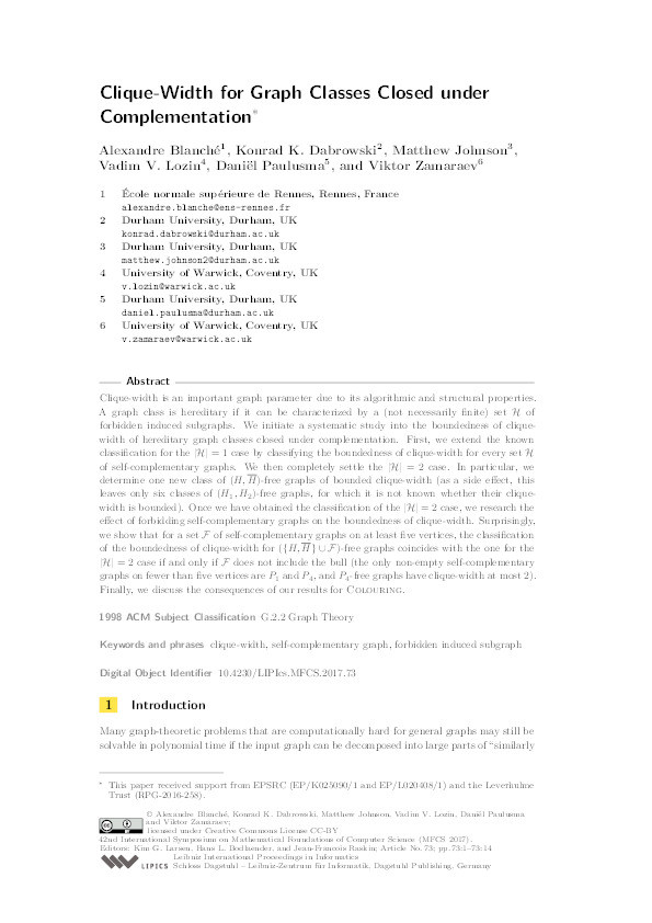 Clique-Width for Graph Classes Closed under Complementation Thumbnail