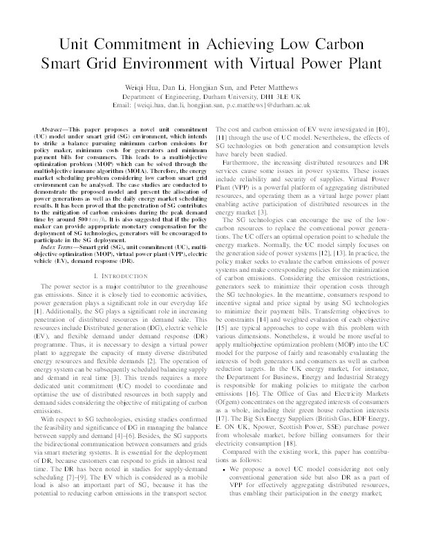 Unit Commitment in Achieving Low Carbon Smart Grid Environment with Virtual Power Plant Thumbnail