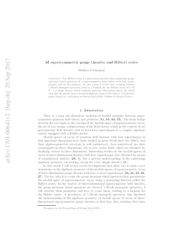 3d supersymmetric gauge theories and Hilbert series Thumbnail