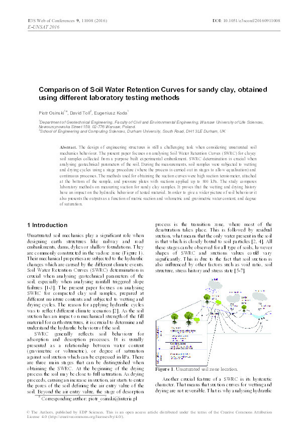 Comparison of Soil Water Retention Curves for sandy clay, obtained using different laboratory testing methods Thumbnail