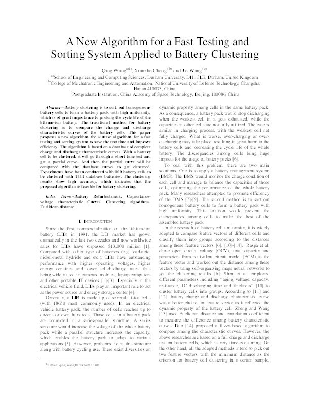 A new algorithm for a fast testing and sorting system applied to battery clustering Thumbnail