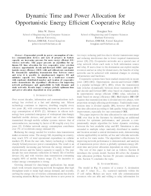 Dynamic Time and Power Allocation for Opportunistic Energy Efficient Cooperative Relay Thumbnail