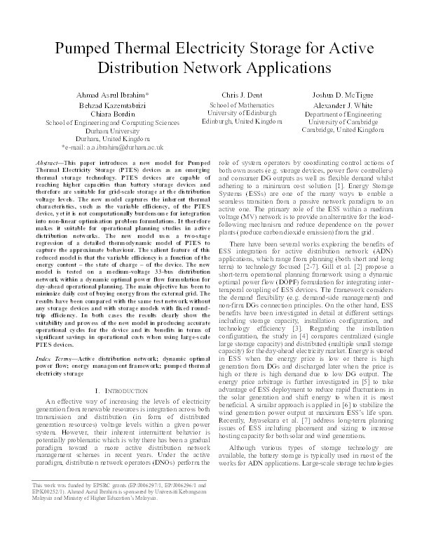 Pumped Thermal Electricity Storage for Active Distribution Network Applications Thumbnail