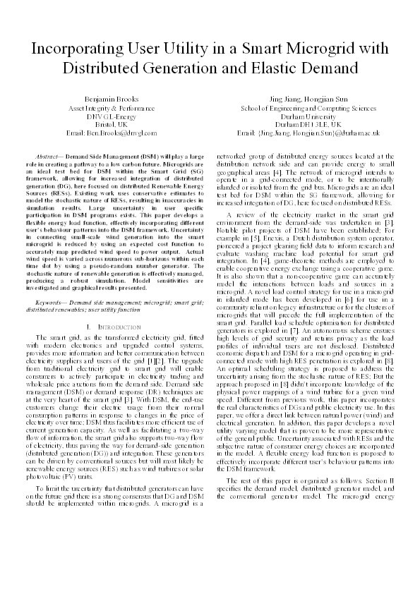 Incorporating User Utility in a Smart Microgrid with Distributed Generation and Elastic Demand Thumbnail