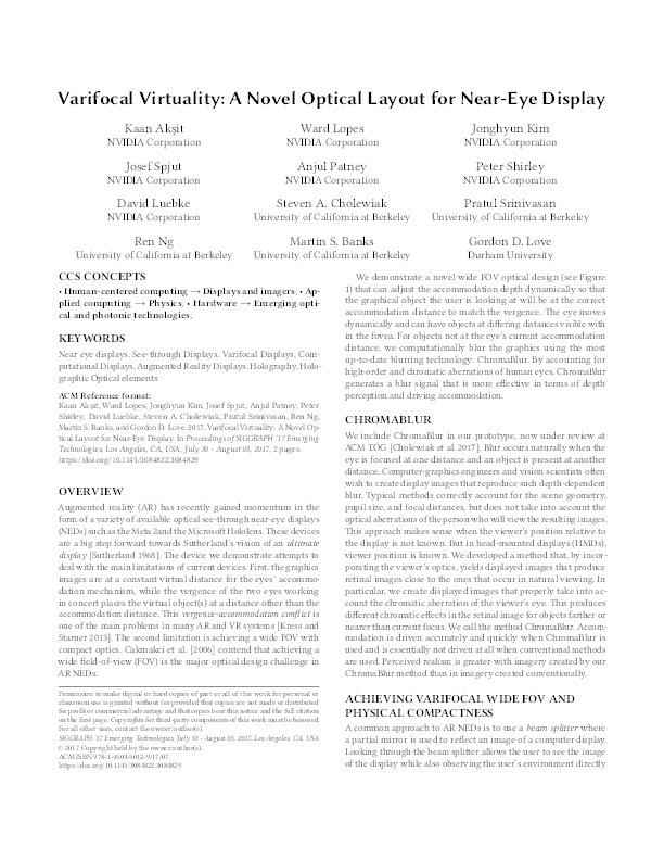 Varifocal virtuality: a novel optical layout for near-eye display Thumbnail