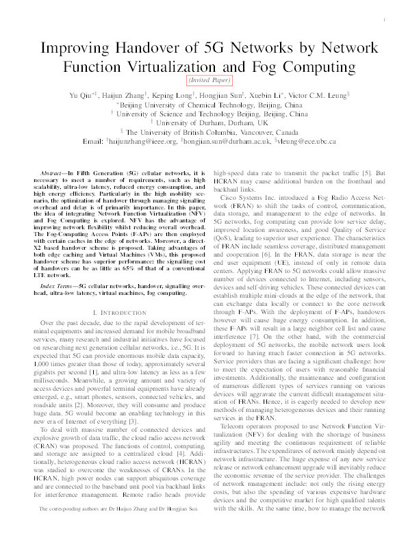Improving handover of 5G networks by network function virtualization and fog computing Thumbnail