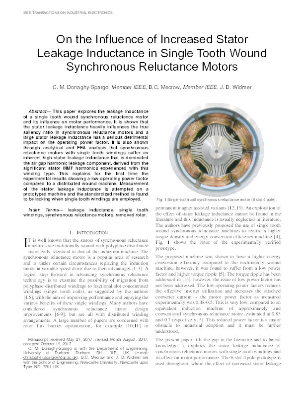 Leakage Inductance of a Prototyped Single Tooth Wound Synchronous Reluctance Motor Thumbnail