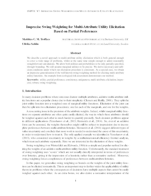 Imprecise swing weighting for multi-attribute utility elicitation based on partial preferences Thumbnail