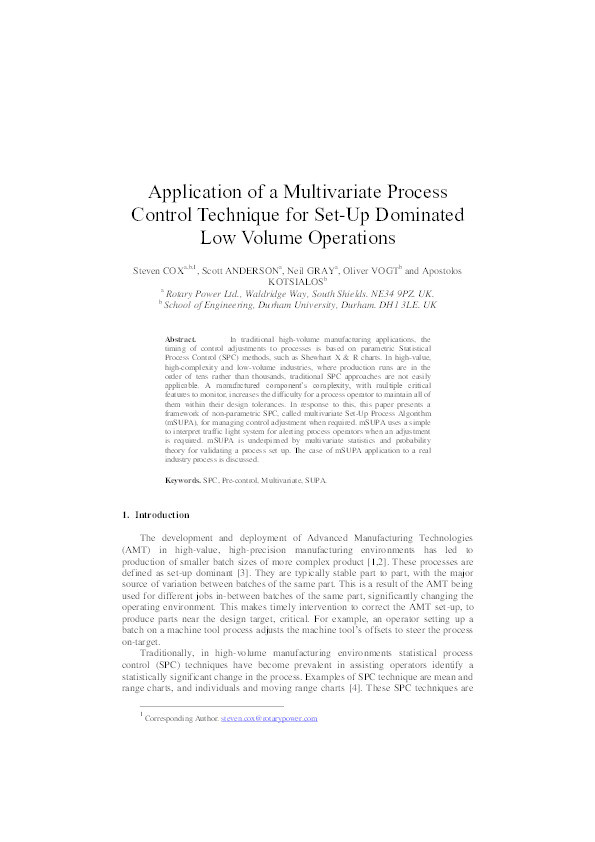 Application of a Multivariate Process Control Technique for Set-Up Dominated Low Volume Operations Thumbnail