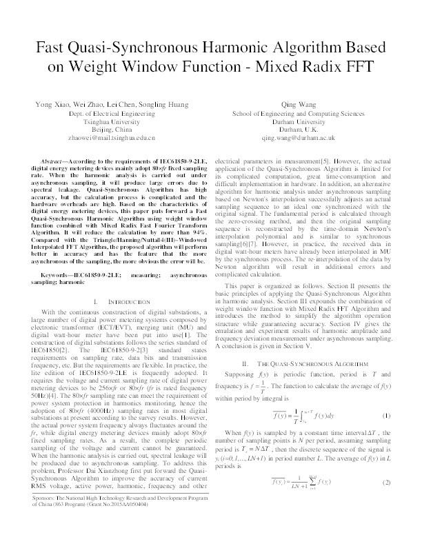 Fast quasi-synchronous harmonic algorithm based on weight window function- mixed radix FFT Thumbnail