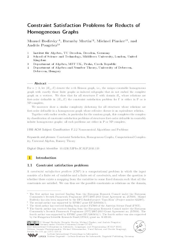 Constraint Satisfaction Problems for Reducts of Homogeneous Graphs Thumbnail