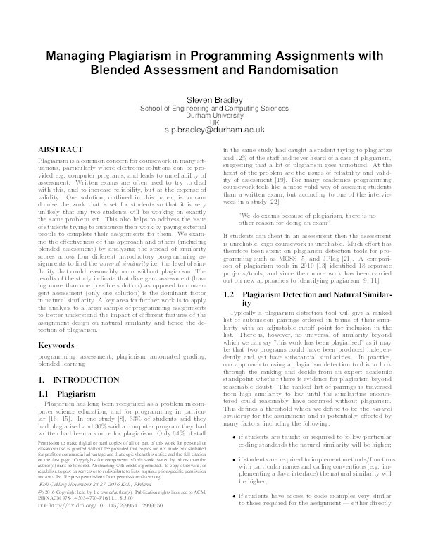 Managing Plagiarism in Programming Assignments with Blended Assessment and Randomisation Thumbnail
