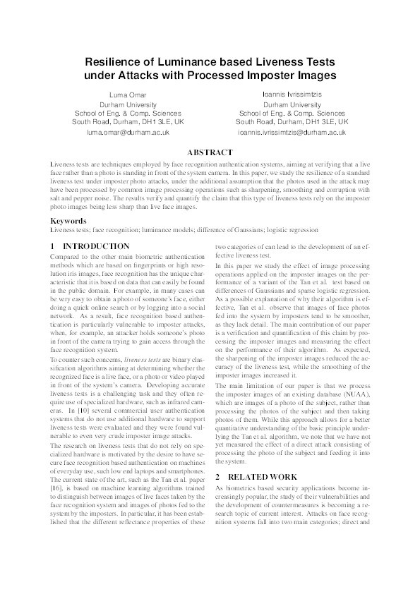 Resilience of Luminance based Liveness Tests under Attacks with Processed Imposter Images Thumbnail