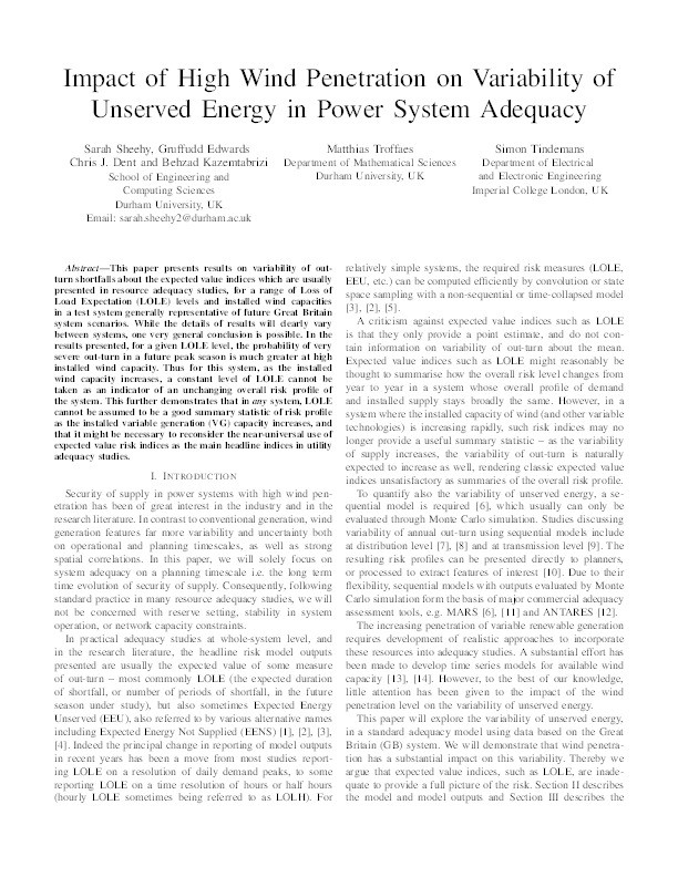 Impact of high wind penetration on variability of unserved energy in power system adequacy Thumbnail