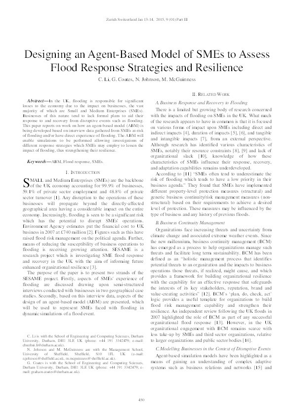Designing an agent-based model of SMEs to assess flood response strategies and resilience Thumbnail