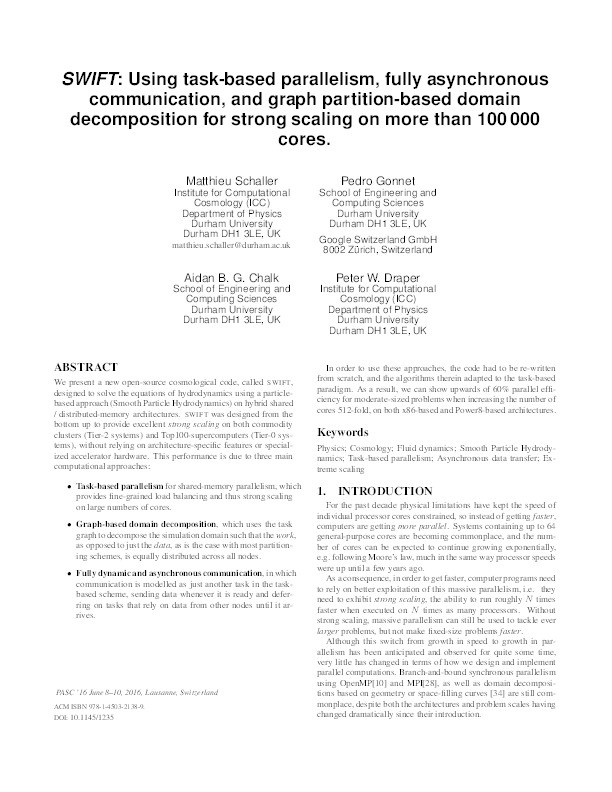 SWIFT: Using task-based parallelism, fully asynchronous communication, and graph partition-based domain decomposition for strong scaling on more than 100,000 cores Thumbnail