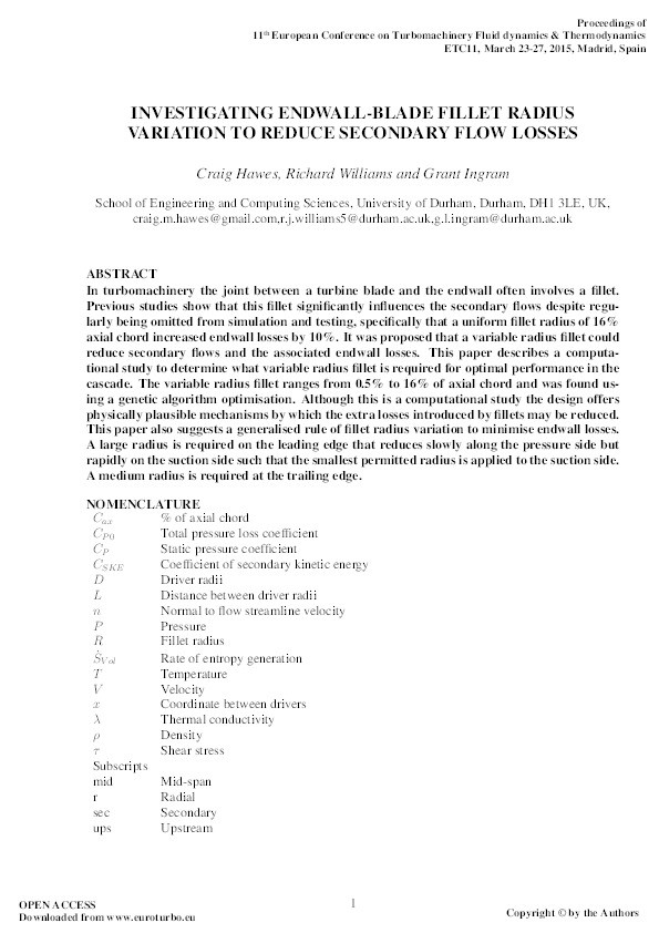 Investigating Endwall-Blade Fillet Radius Variation to Reduce Secondary Flow Losses Thumbnail