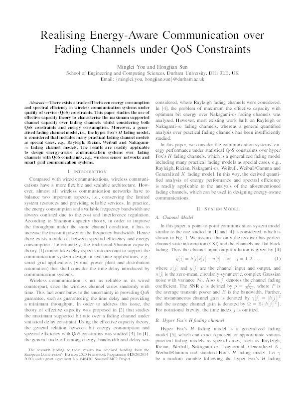Realising energy-aware communication over fading channels under QoS constraints Thumbnail