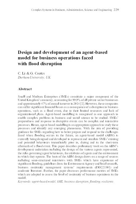 Design and development of an agent-based model for business operations faced with flood disruption Thumbnail