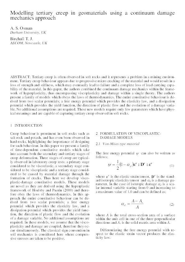 Modelling tertiary creep in geomaterials using a continuum damage mechanics approach Thumbnail