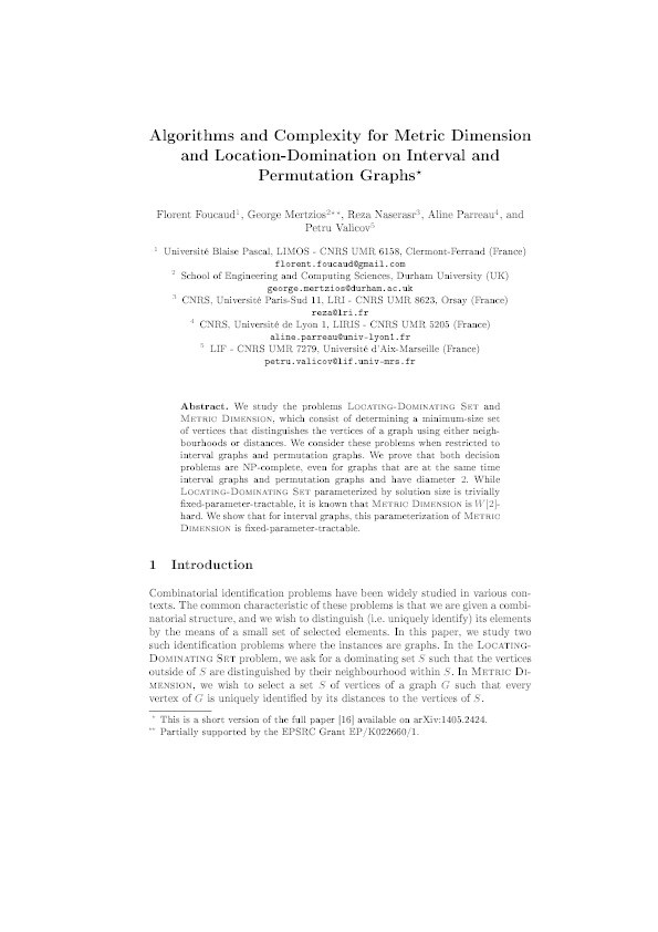 Algorithms and complexity for metric dimension and location-domination on interval and permutation graphs Thumbnail