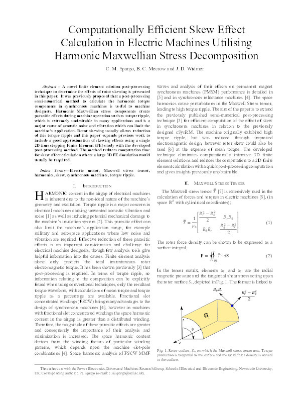 Computationally efficient skew effect calculation in electric machines utilising harmonic Maxwellian stress decomposition Thumbnail