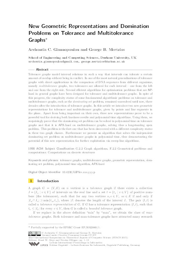 New geometric representations and domination problems on tolerance and multitolerance graphs Thumbnail