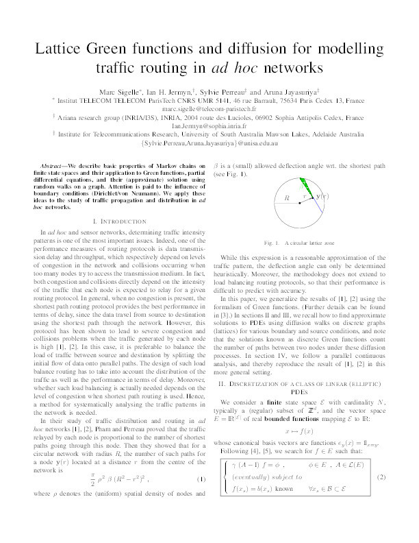 Lattice Green functions and diffusion for modelling traffic routing in ad hoc networks Thumbnail