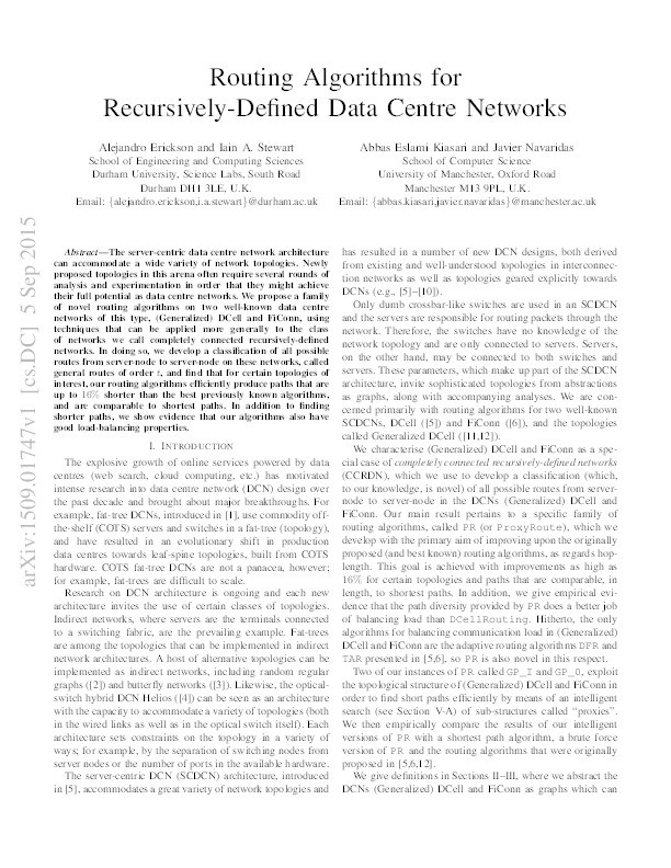 Routing algorithms for recursively-defined data centre networks Thumbnail