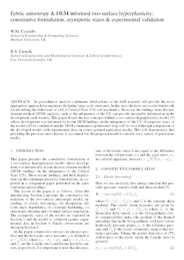 Fabric anisotropy & DEM informed two-surface hyperplasticity: constitutive formulation, asymptotic states & experimental validation Thumbnail